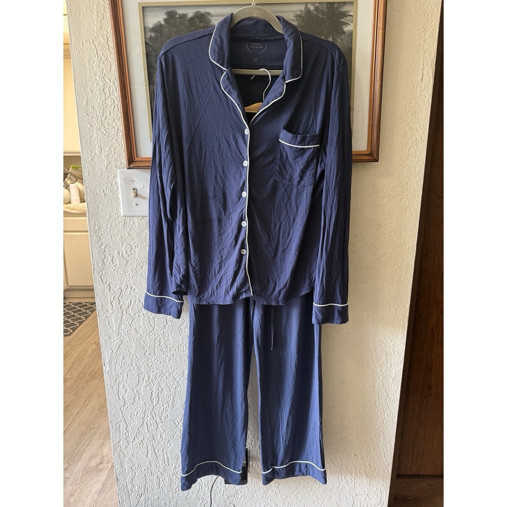 Cozy Earth Pajama Set Medium Blue Bamboo Stretch-Knit Long Sleeve Button Down